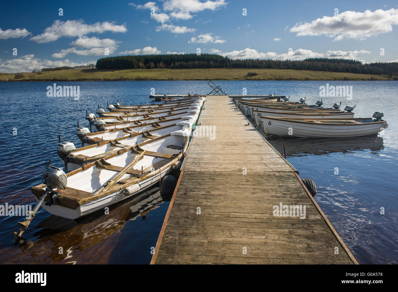Fishing boats for hire on Stocks Reservoir near Slaidburn Lancashire
