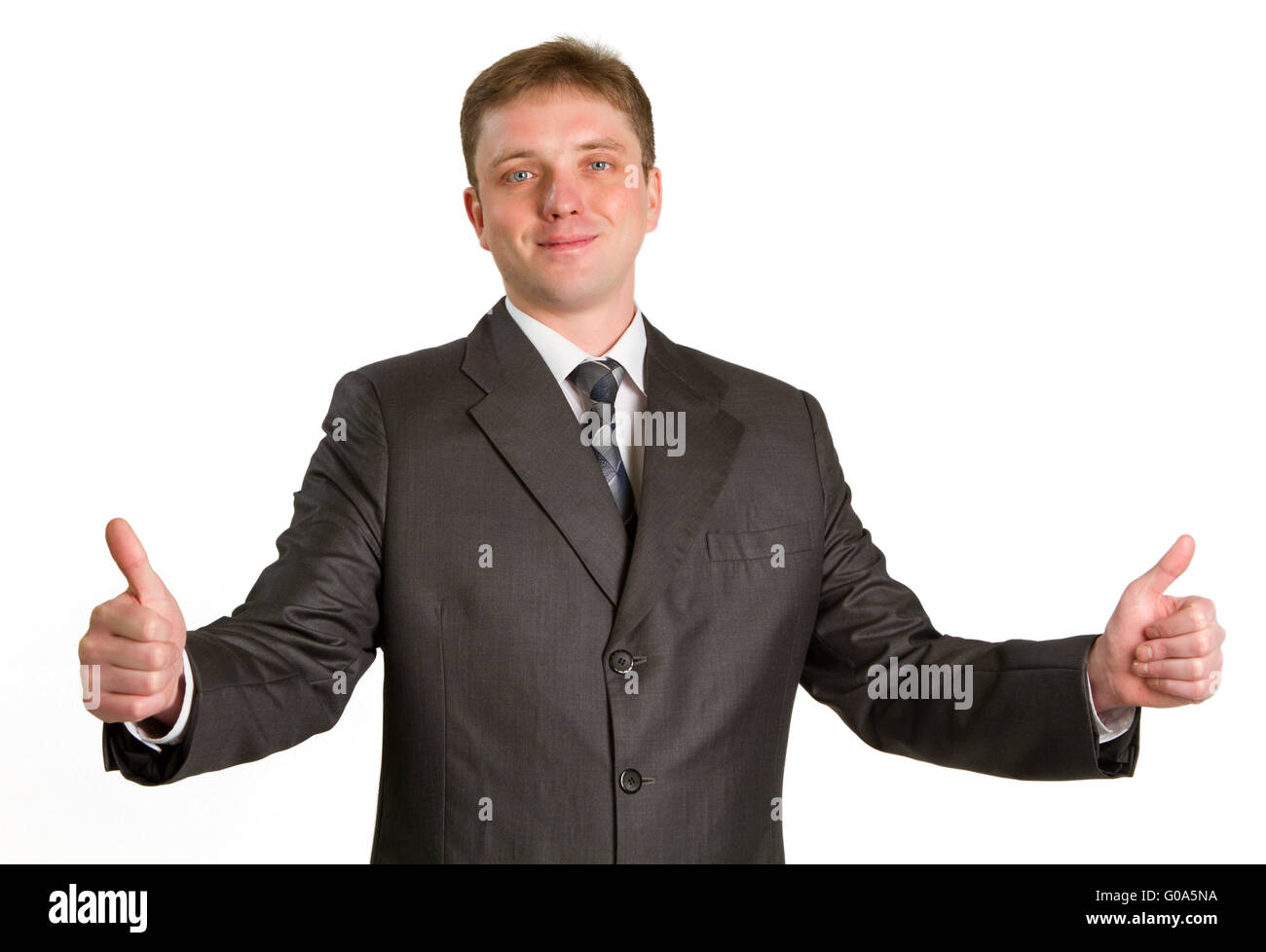 businessman showing his thumbs up with smile over white Stock Photo - Alamy