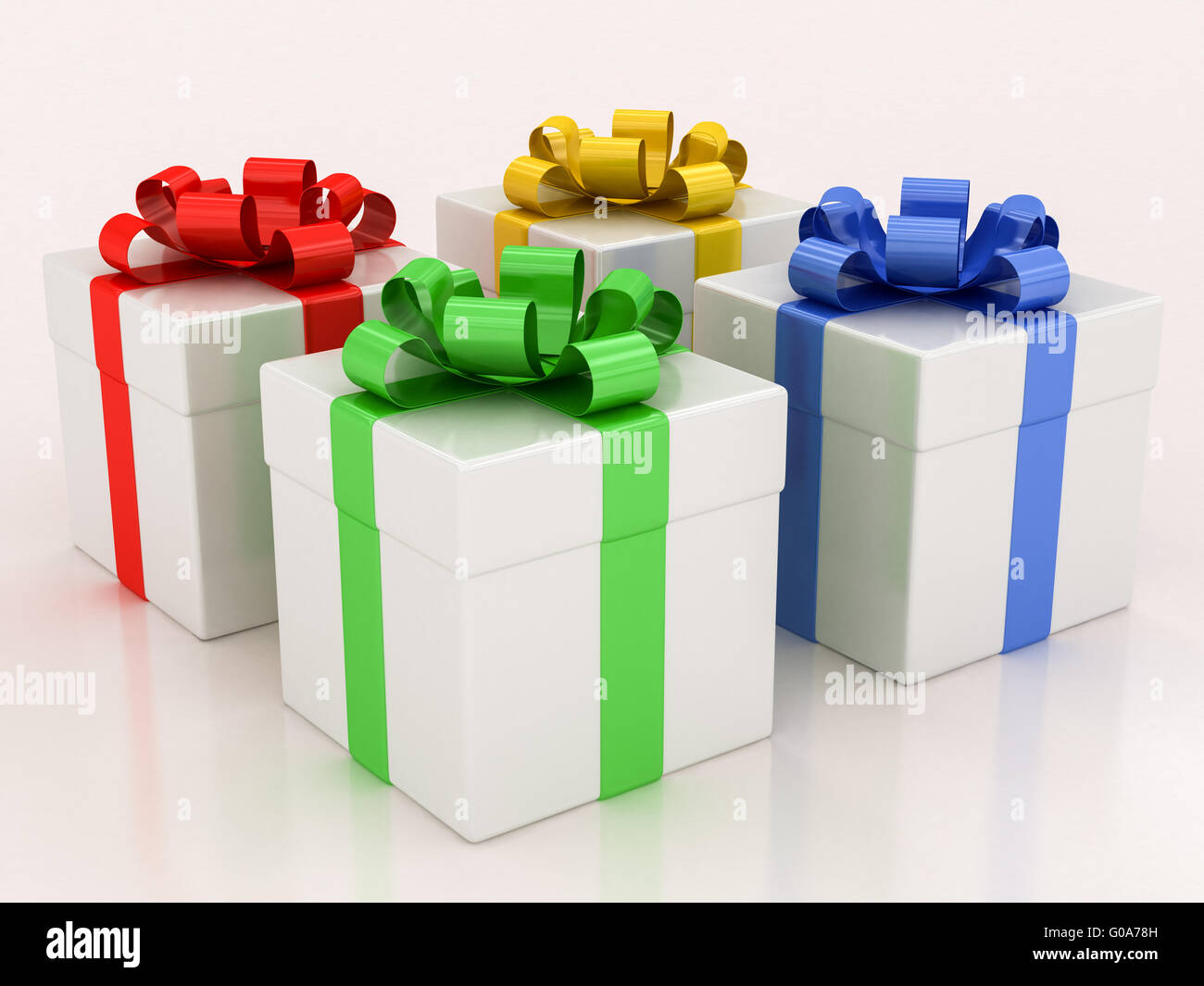 white gift boxes with varicolored ribbon Stock Photo - Alamy