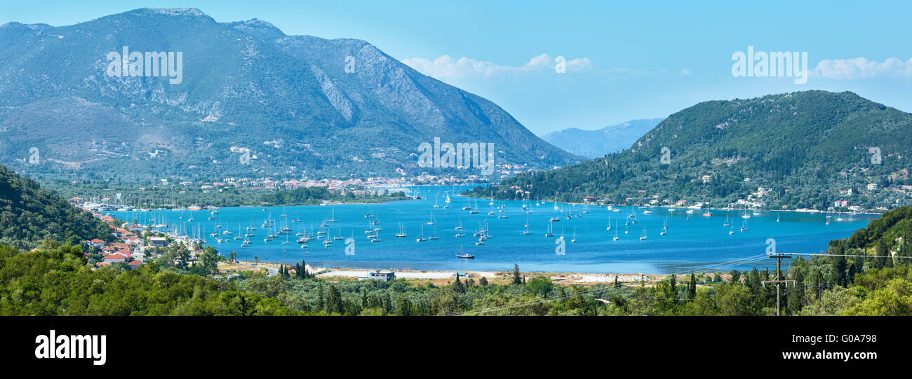 Many sailing vessels in bay (Nydri, Lefkada, Greece) Stock Photo