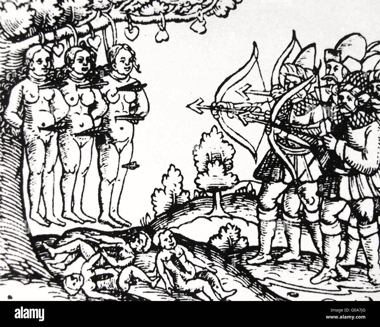 Russian atrocities in Livonia in XVI century (using women for archery target practice). published in Nuremberg in 1561. Stock Photo