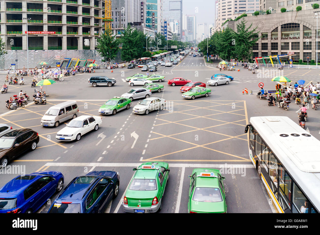 Chengdu, Sichuan province, China - The view at Tianfu Avenue with a heave traffic jam in the rush hour. Stock Photo