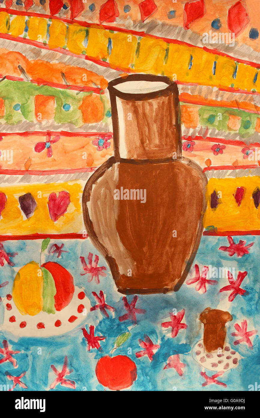 Children's drawing with brown old pitcher on the c Stock Photo
