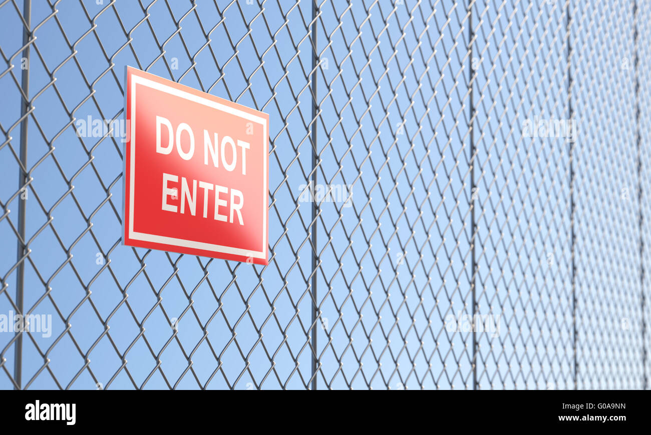 Red Do Not Enter Sign on Metallic Wire Mesh Fence Stock Photo