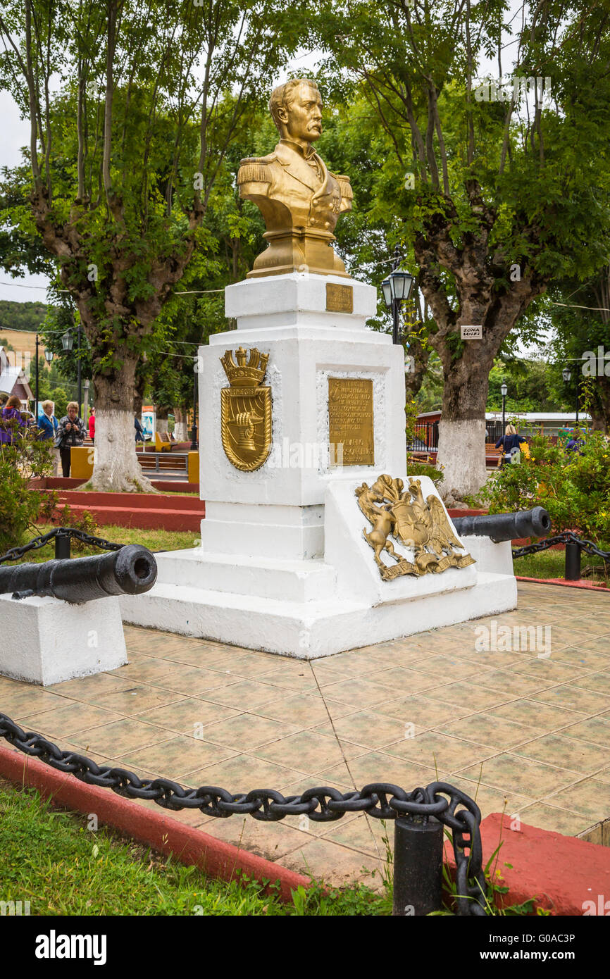 A monument to Jose Galvarino Riveros in the town plaza of Curco de Valez, Chile, South America. Stock Photo