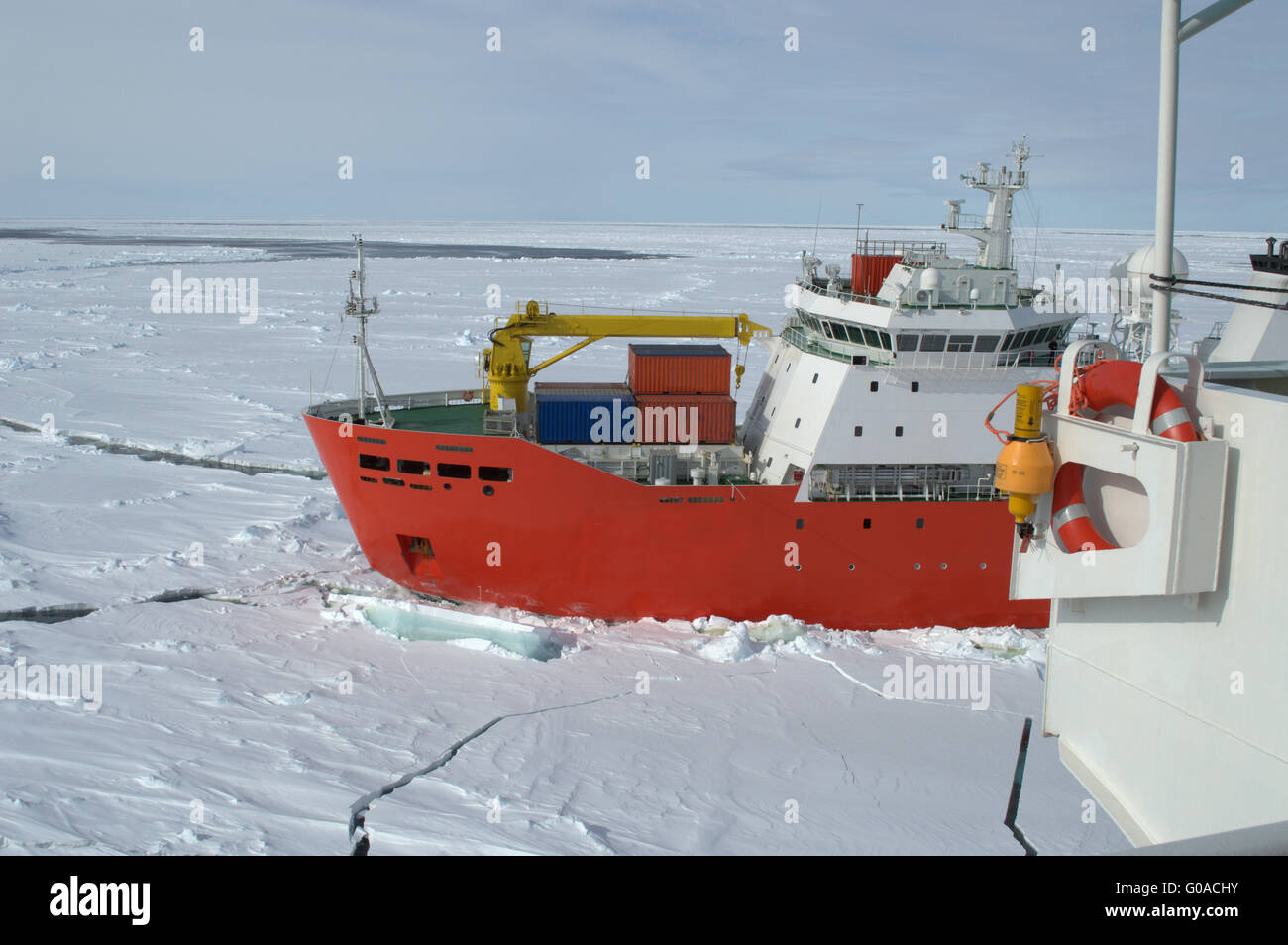 Icebreaker ship in the sea of Antarctic Stock Photo