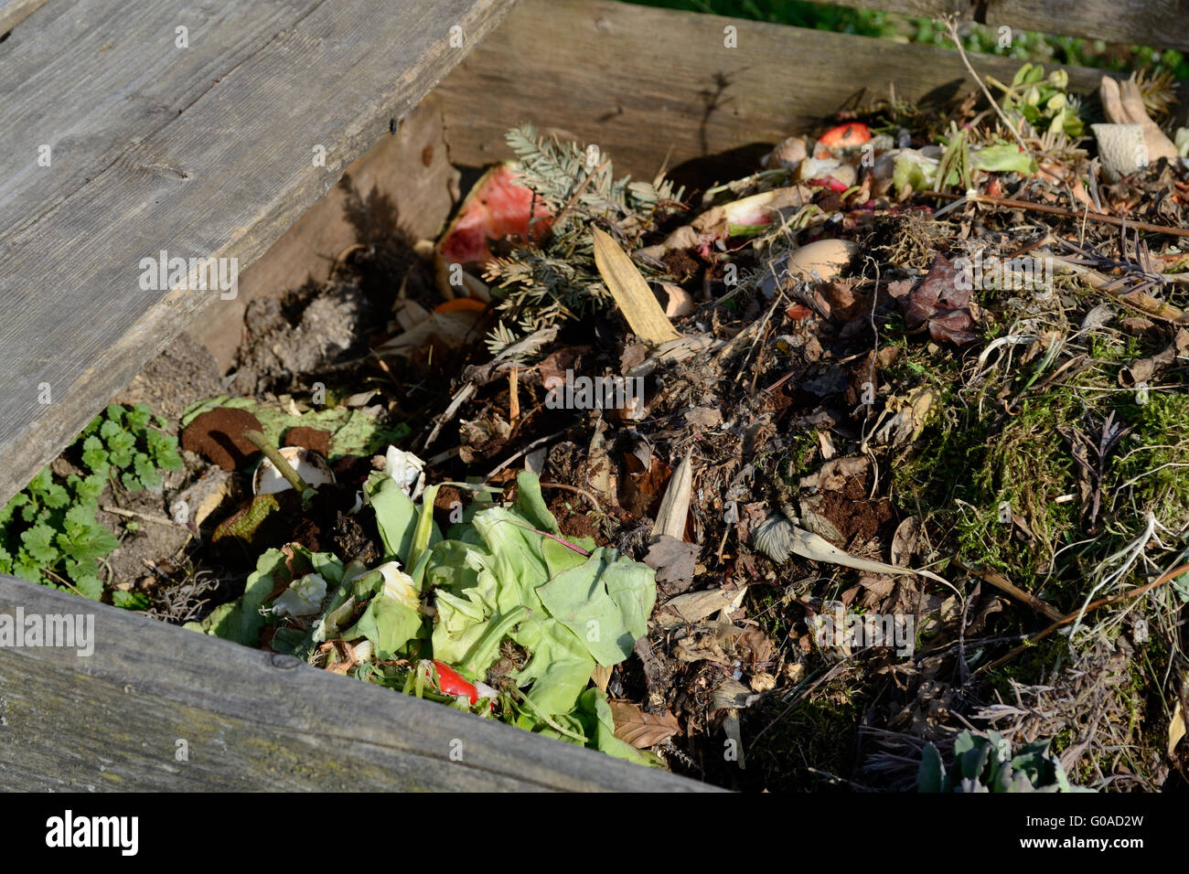 Wooden compost bin with garden and kitchen waste Stock Photo