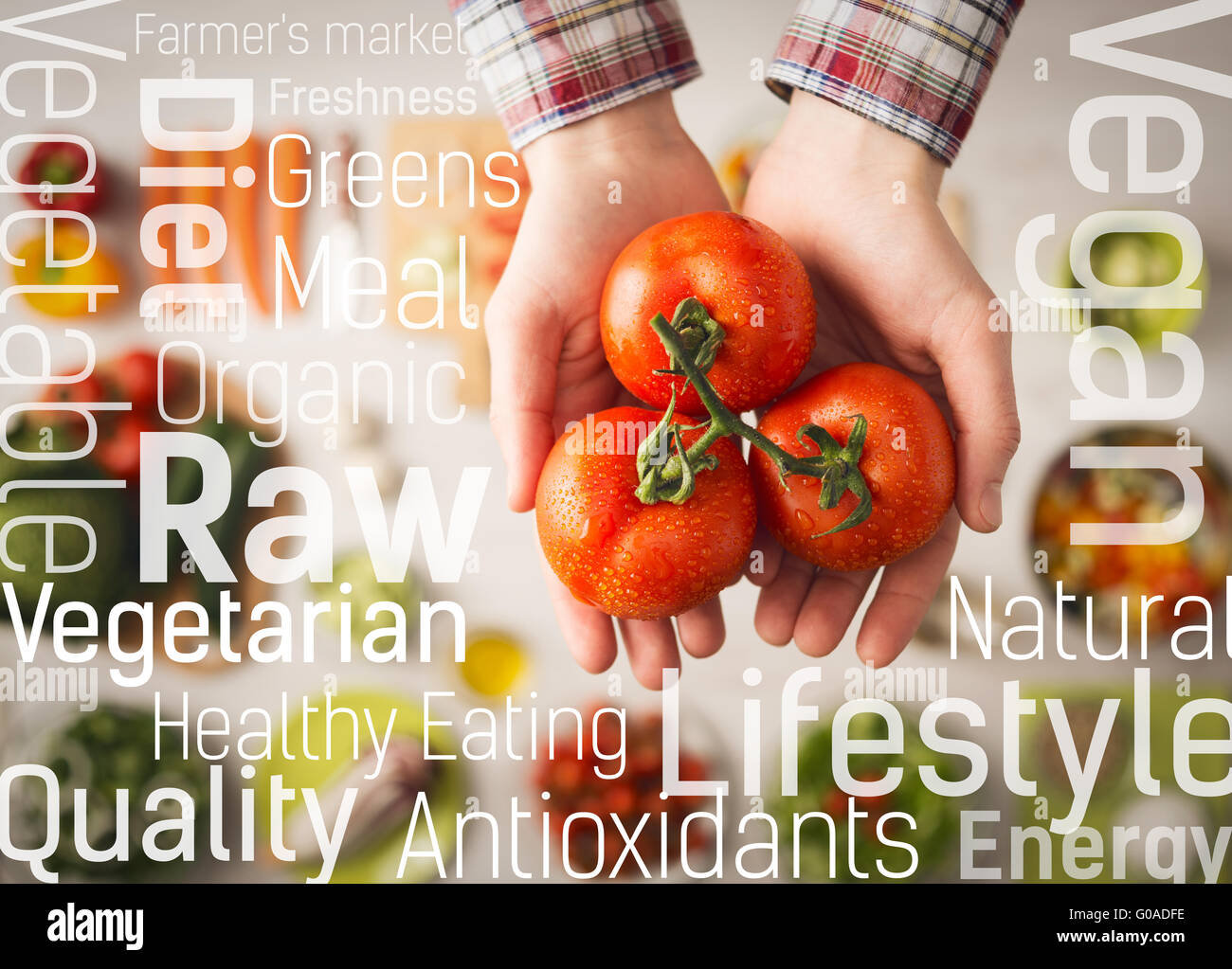 Hands holding fresh juicy tomatoes, vegetables and food ingredients on background and nutrition text concepts Stock Photo