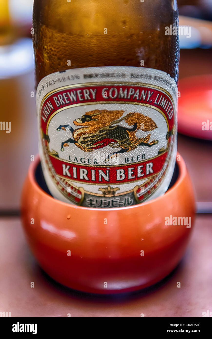 The label on an ice cold bottle of Japanese Kirin beer Stock Photo