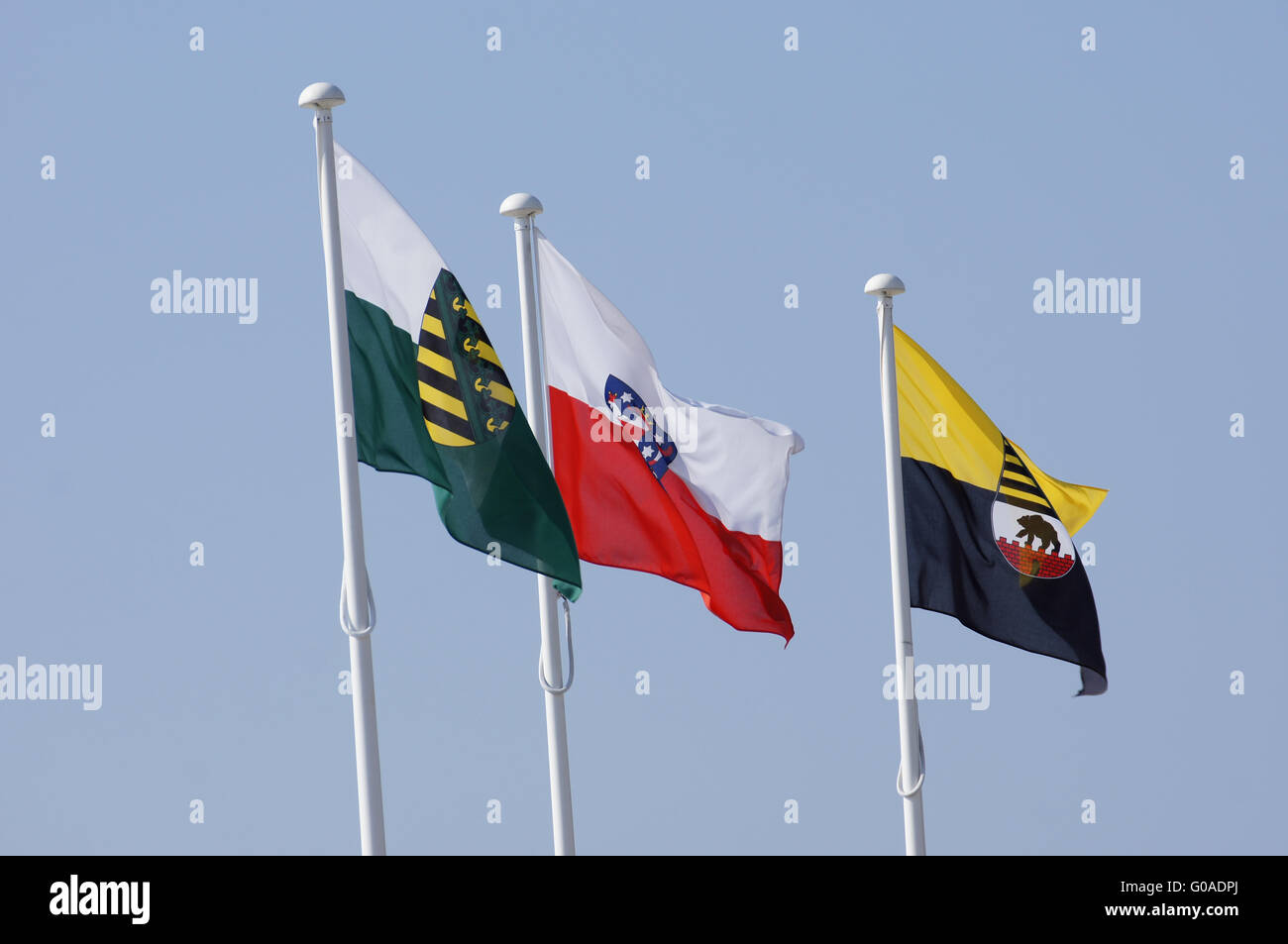 Flags on the beach-promenade of Groemitz, Baltic S Stock Photo