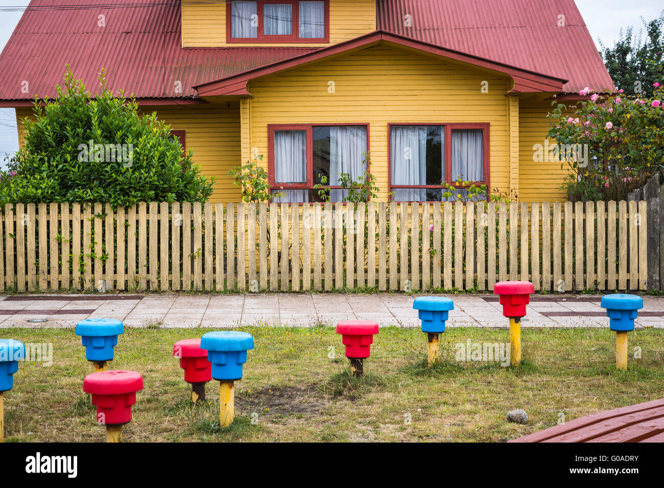 Exterior building architecture in the village of Achao, Chile, South America. Stock Photo