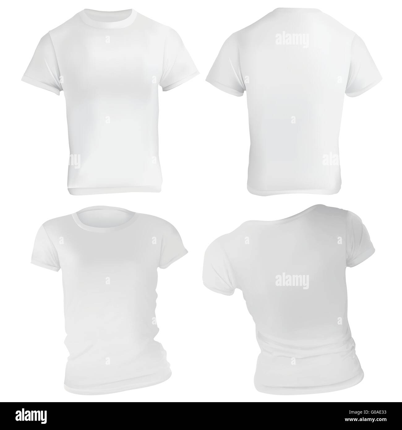 Vector illustration of blank white t-shirt template for men and women, front and back, realistic gradient mesh design, isolated Stock Vector