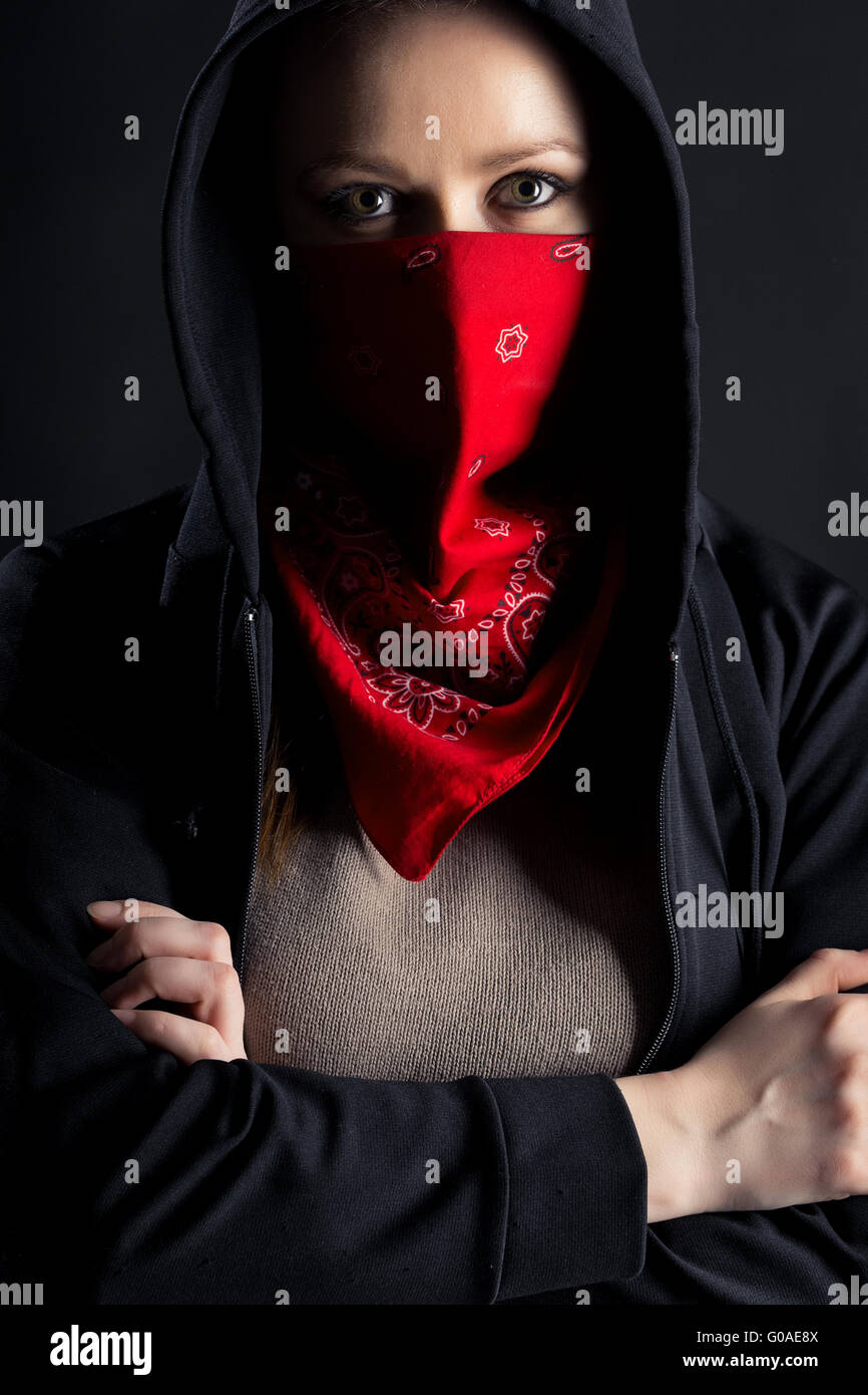 Girl In Black Hood With A Red Shawl On His Face Stock Photo Alamy