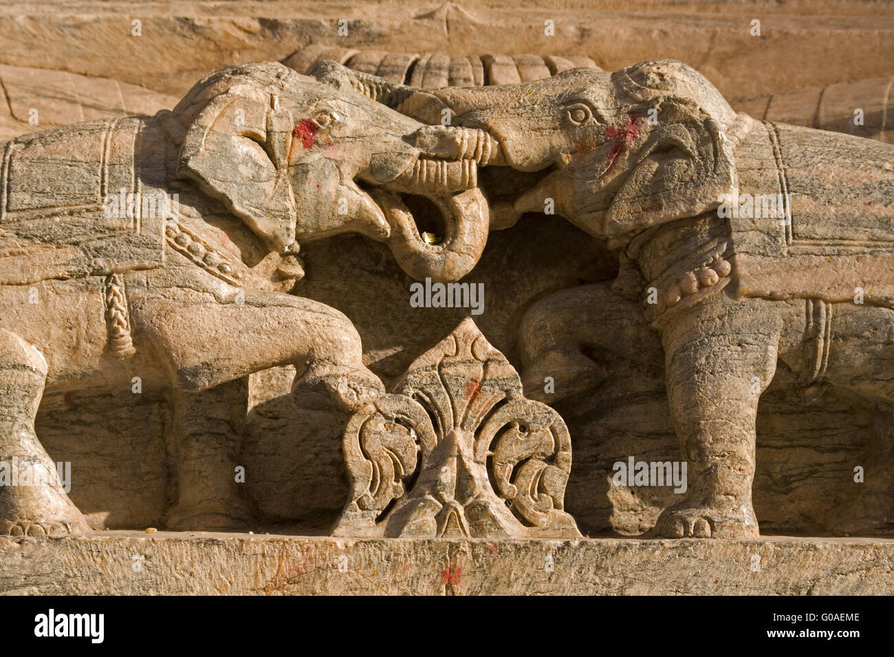 two elephants on the hindu temple wall Stock Photo