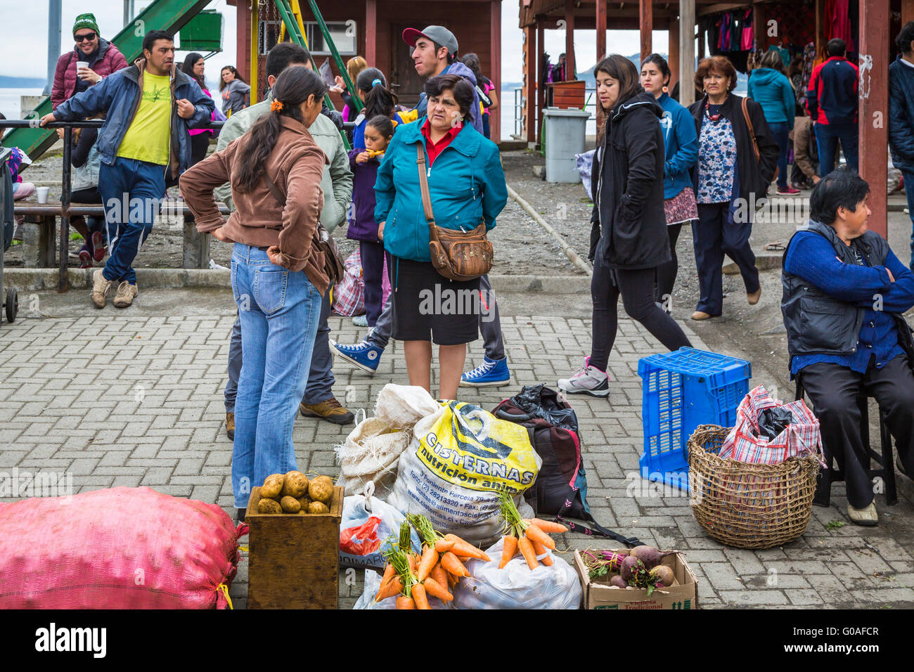 An outdoor market in the village of Achao, Chile, South America. Stock Photo