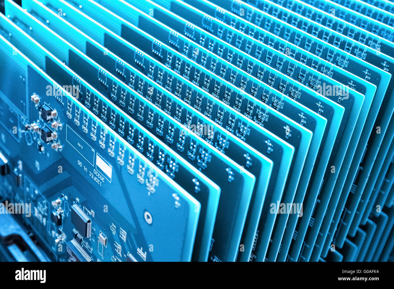a row of blue communication circuit board closeup Stock Photo