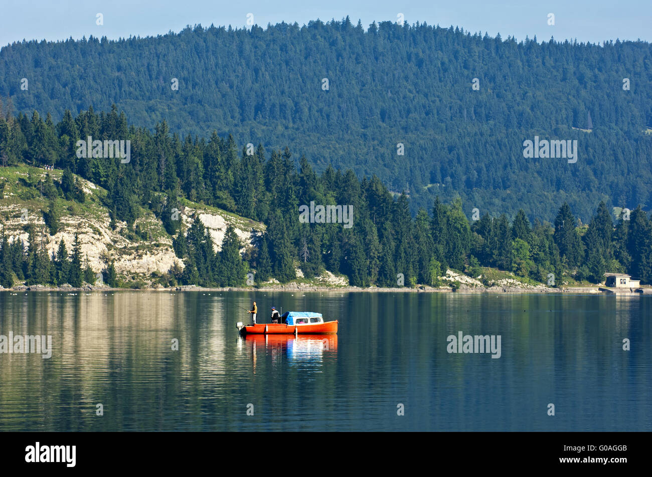 anglers on the lake Lac de Joux,Switzerland Stock Photo