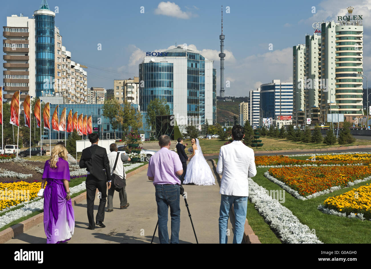 Newly married couple on a walk, Almaty Stock Photo