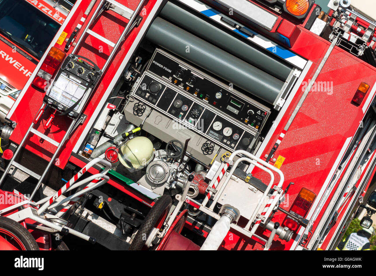 Back of a fire truck with respiratory protective d Stock Photo
