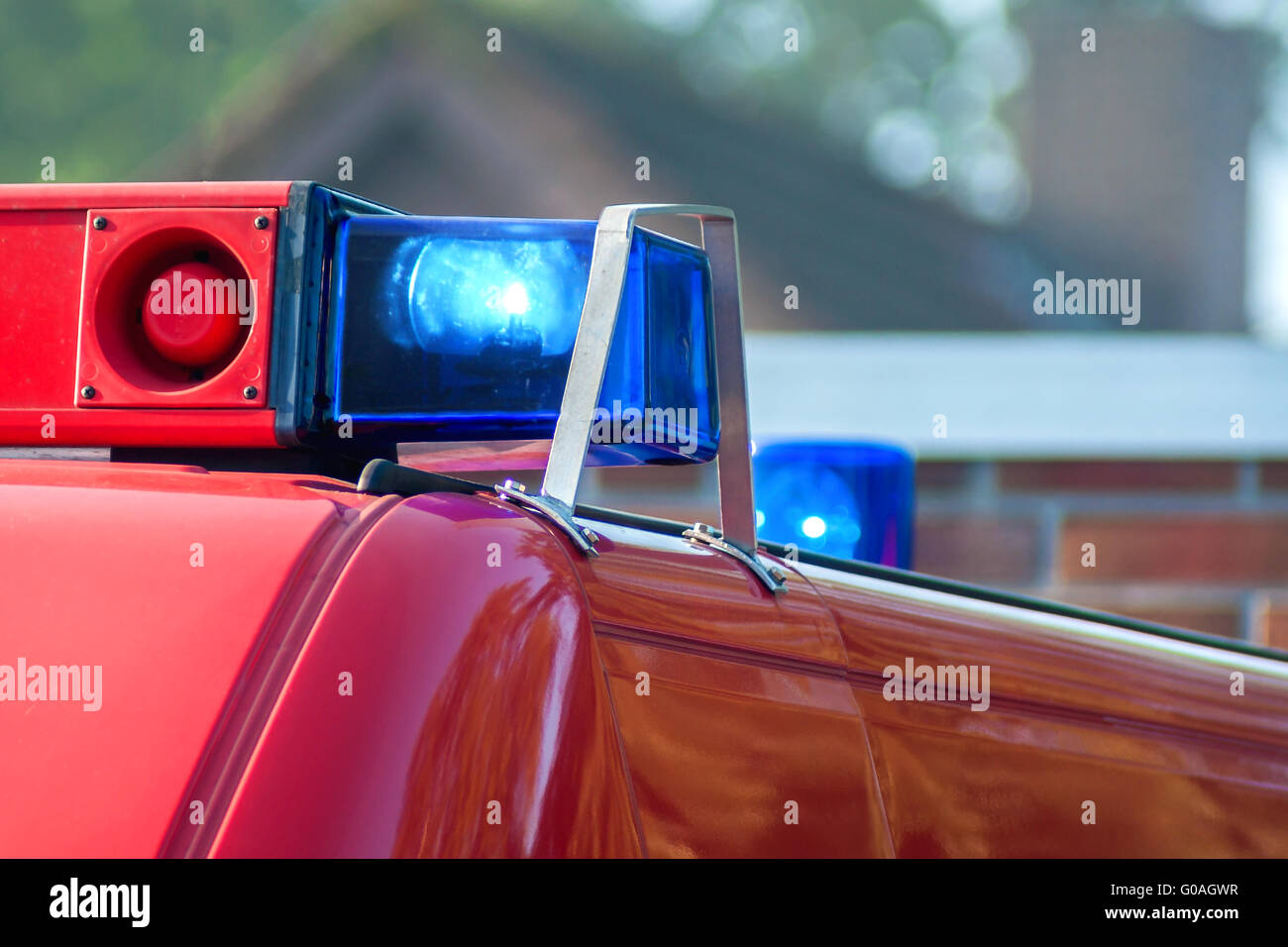 close-up picture of blue lights and sirens on a fi Stock Photo