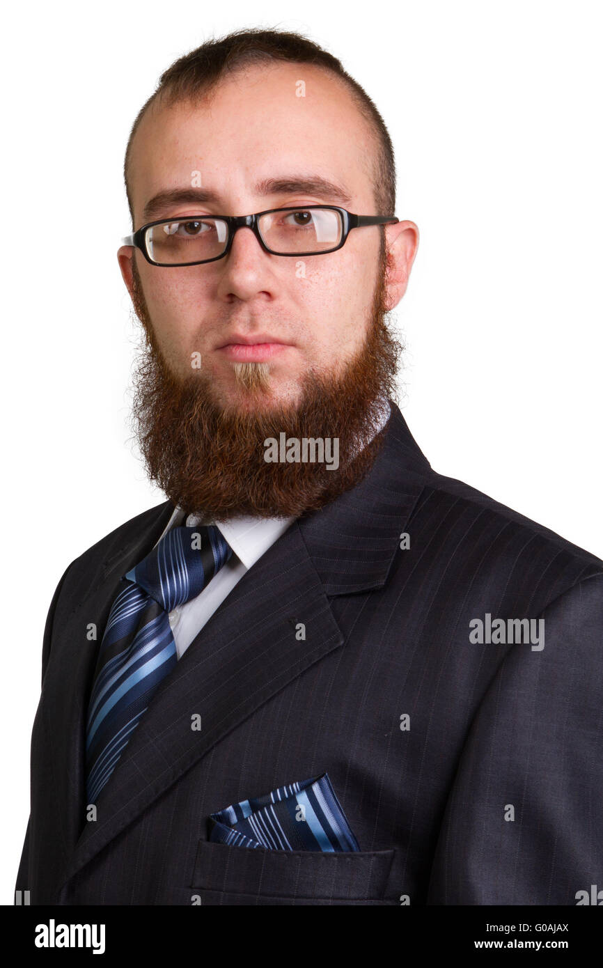 Young handsome man in black suit and glasses smiling isolated Stock Photo