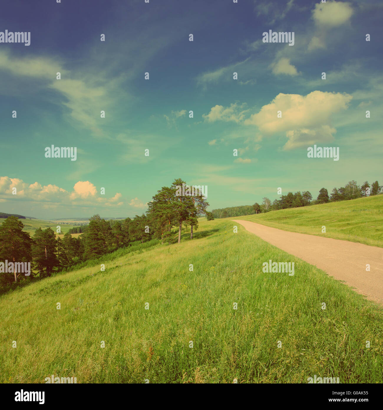 summer landscape with road - vintage retro style Stock Photo - Alamy