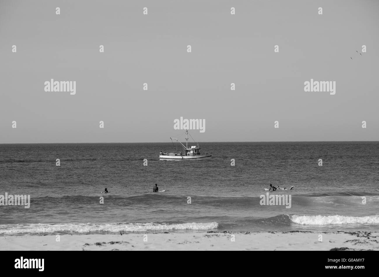 Boat catching fish and surfers catching waves Stock Photo