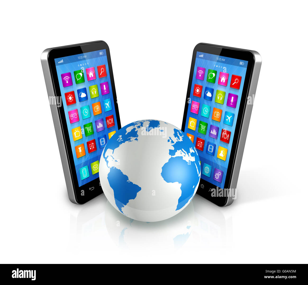 Smartphones Around World Globe, Global Communication Stock Photo