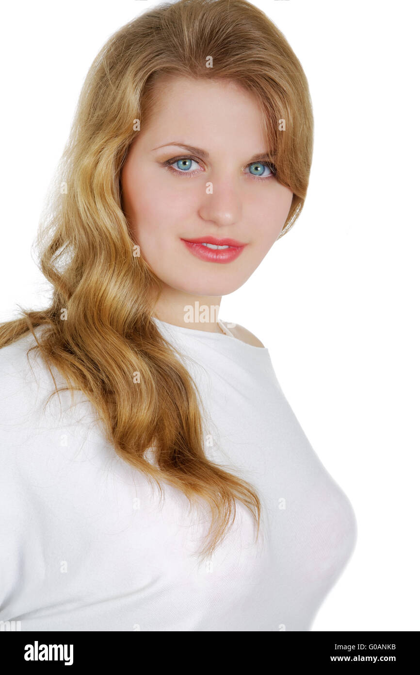 girl with the big breast on a white background Stock Photo Alamy
