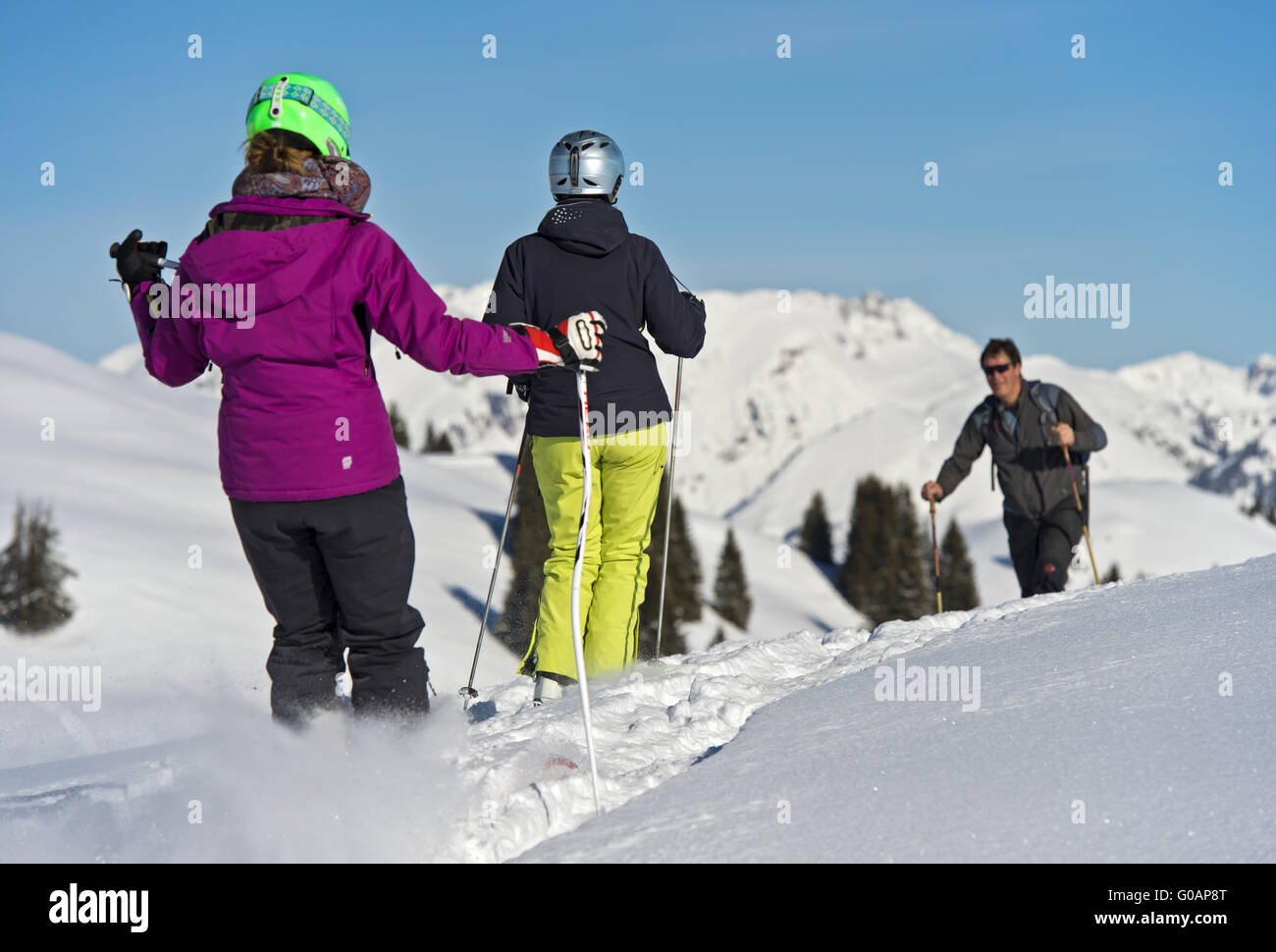 Skiers and ski-hiker in the winterly landscape Stock Photo