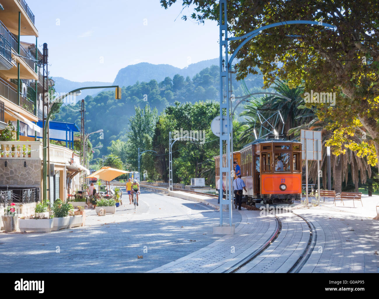 Street view in Port de Soller Mallorca with tram a Stock Photo