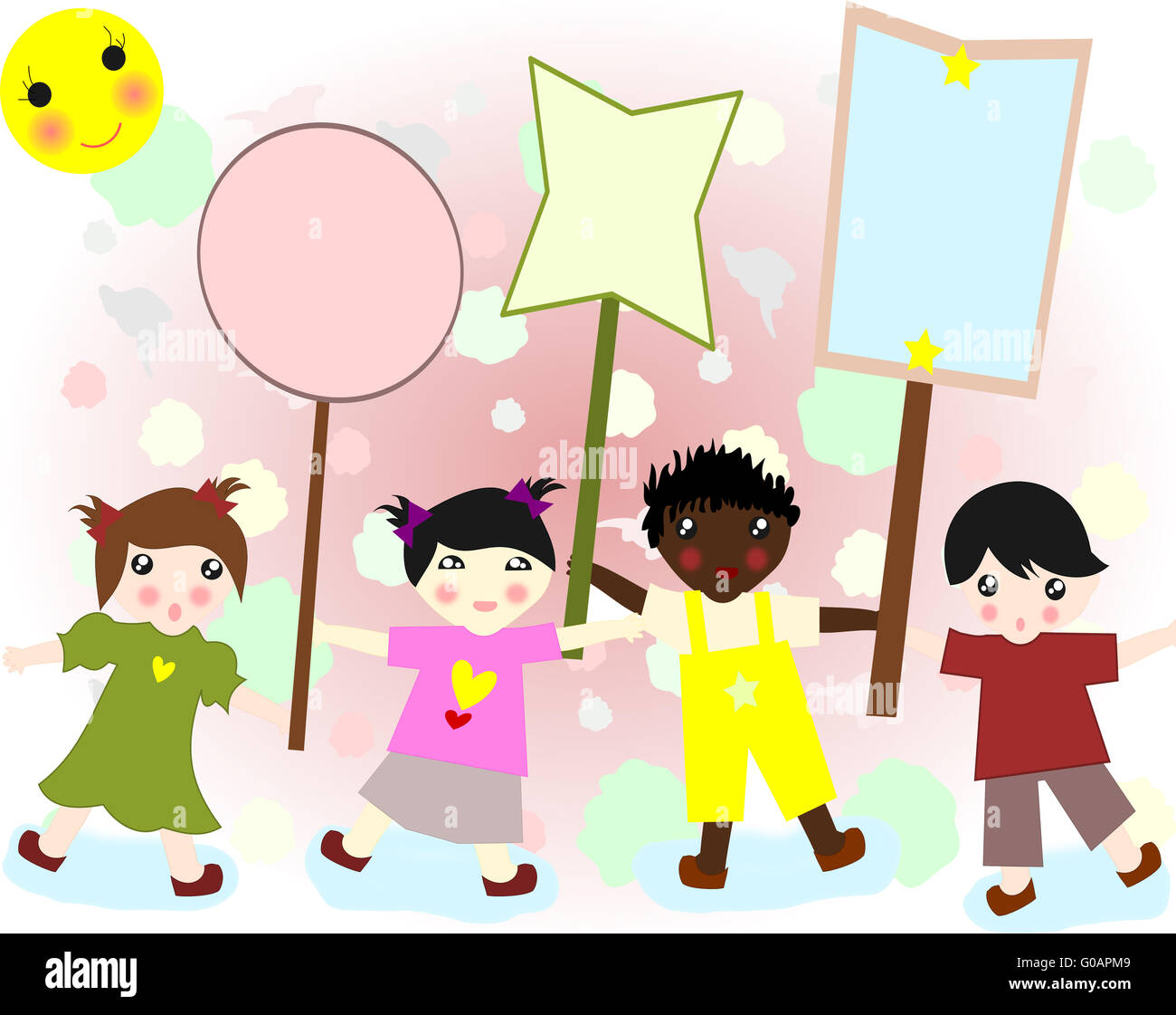 Children of different races come and carry placard Stock Photo