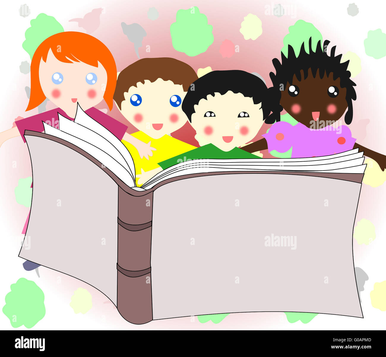 Children of different races reading a book togethe Stock Photo