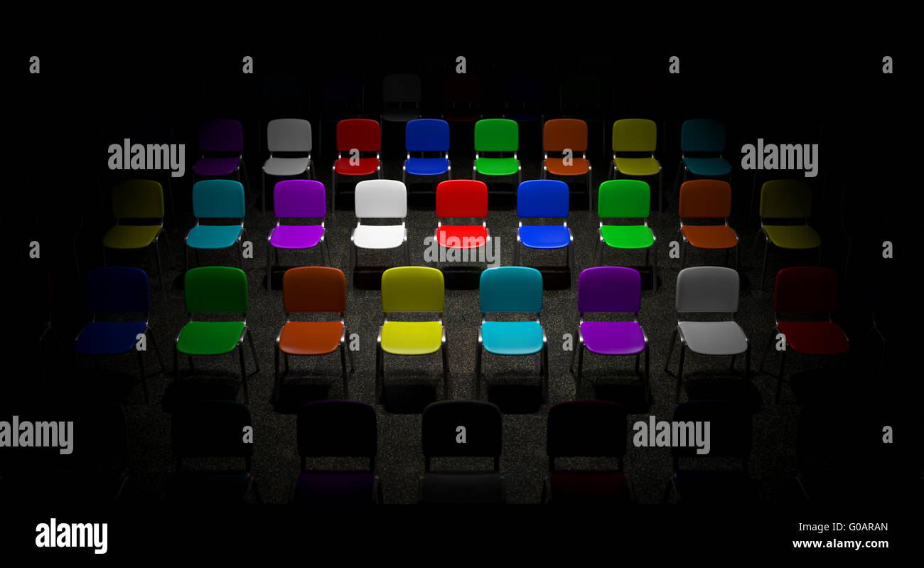 Grid of multicolored chairs bright illuminated Stock Photo