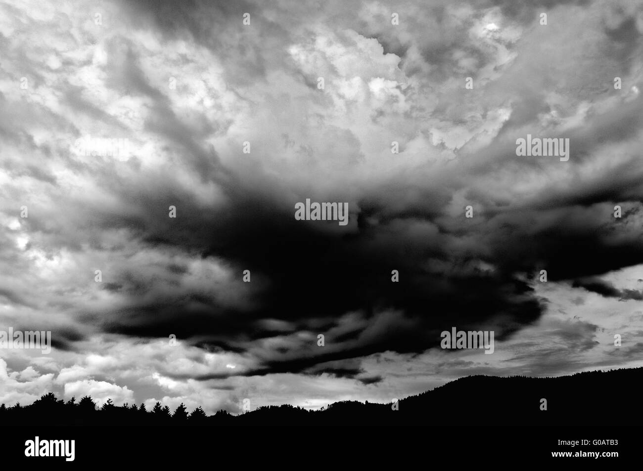 dark clouds above the forest in black and white Stock Photo - Alamy