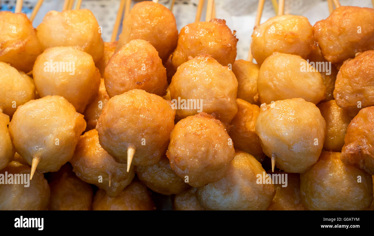 The close up of Taiwanese fried fish balls on stick at food street