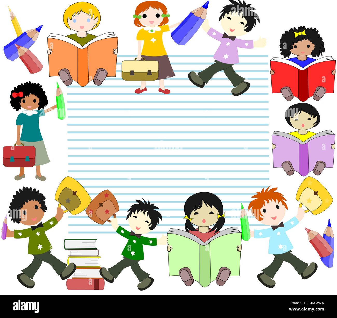 Children of different races read books and go to s Stock Photo