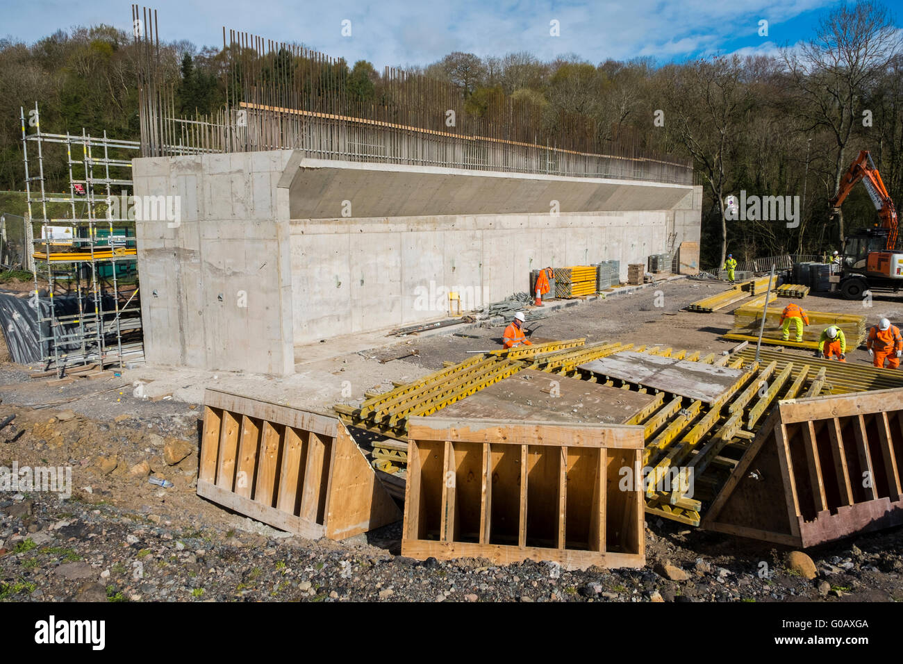 Construction of A465 Heads of the Valleys road. Formwork is assembled for the concrete pour of the flyover, Station Rd, Clydach Stock Photo