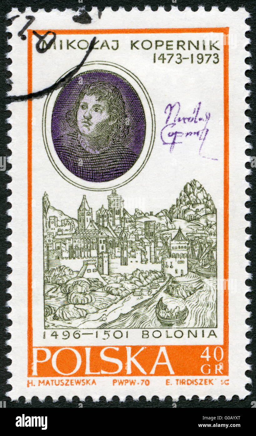 POLAND - 1970: shows Nicolaus Copernicus (1473-1543) by Bacciarelli and View of Bologna Stock Photo