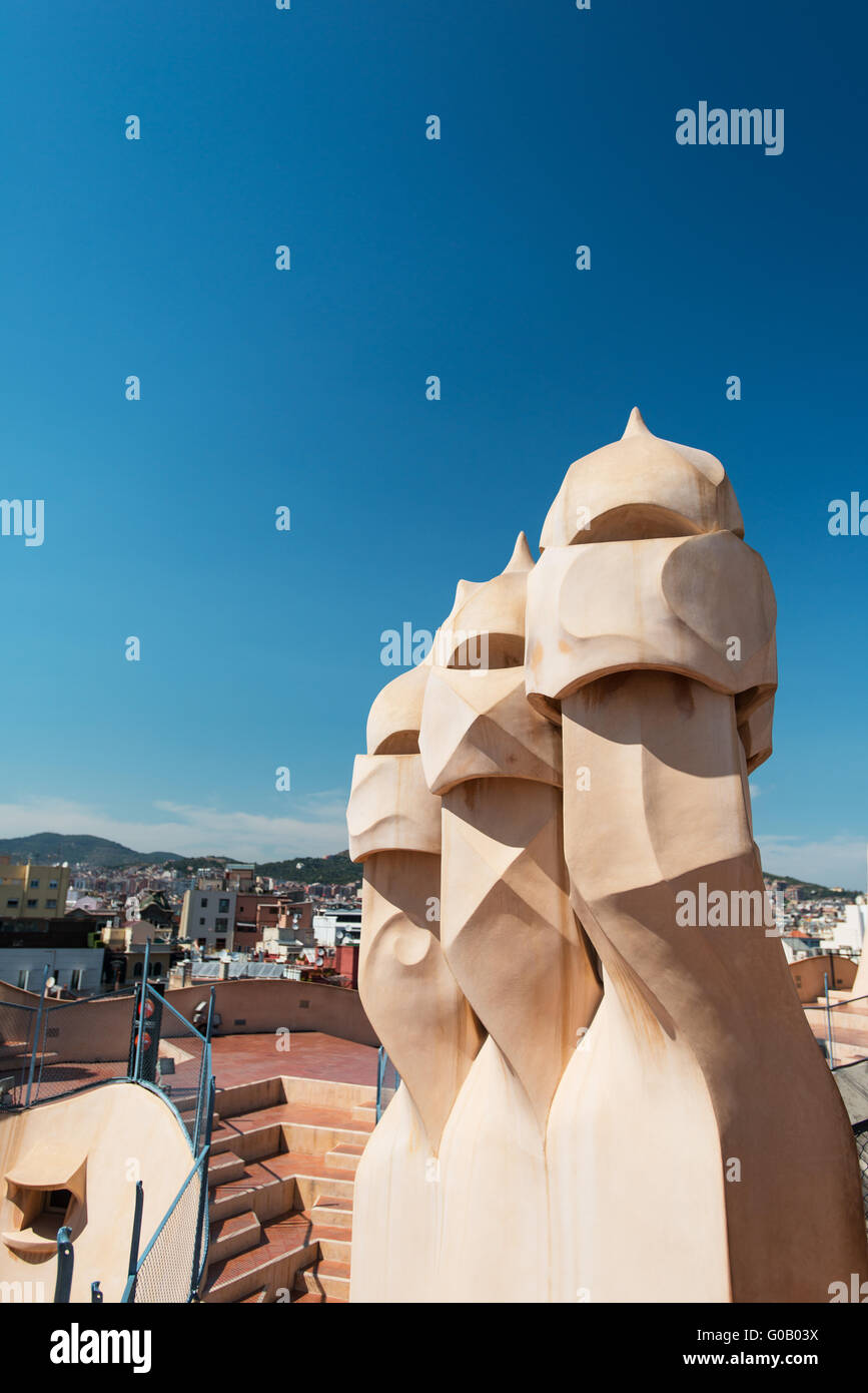Casa Mila chimneys shaped as anthropomorphic soldiers created by Gaudi Spain Stock Photo