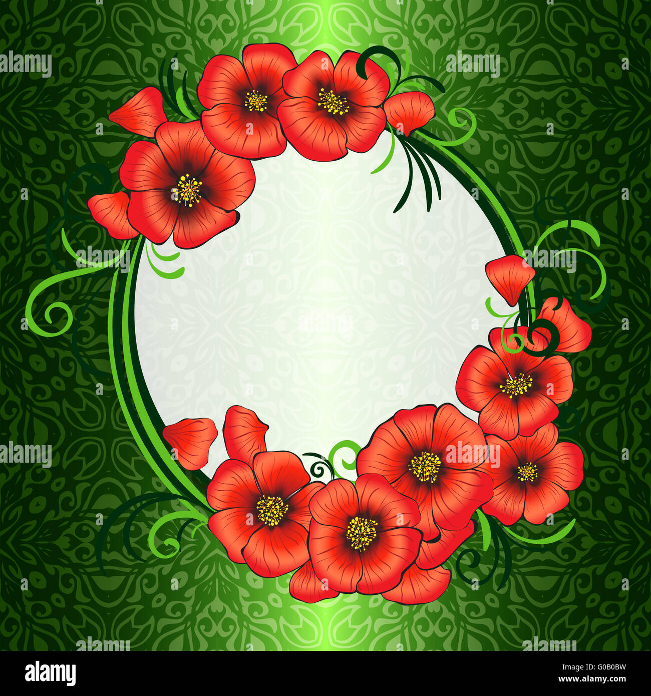 frame with red poppies and green damask patterned background Stock ...