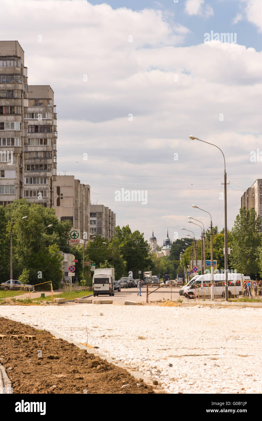 Suburban landscape with river and blue sky Stock Photo