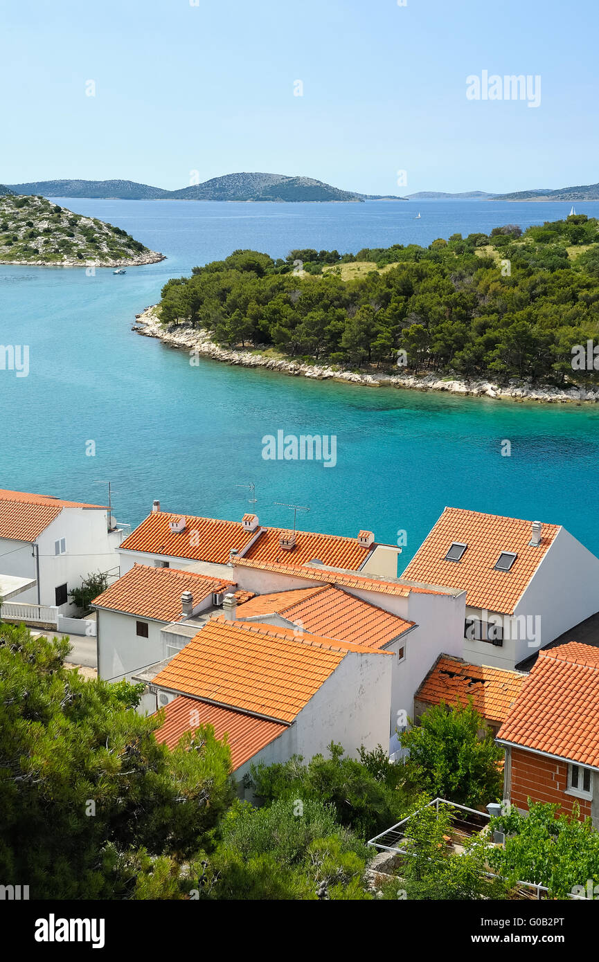 Straits between islands and village with red roofs Stock Photo
