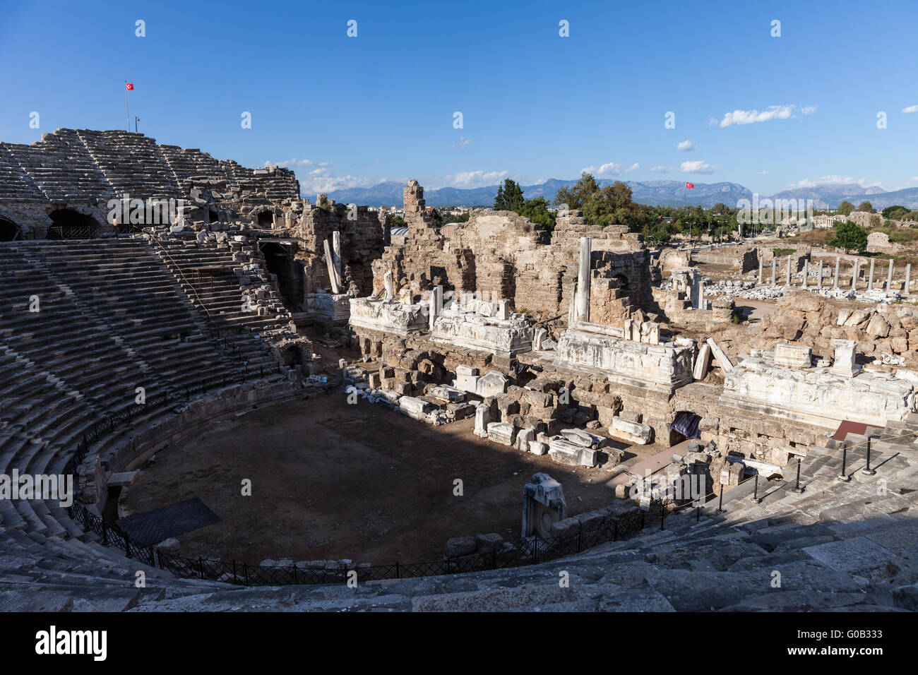Ancient amphitheatre at Turkey Side city ruins Stock Photo