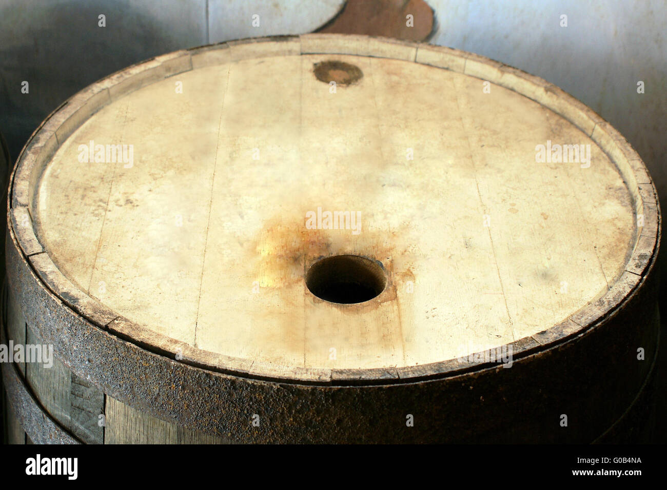 close-up picture of the upper part of a rum-barrel Stock Photo