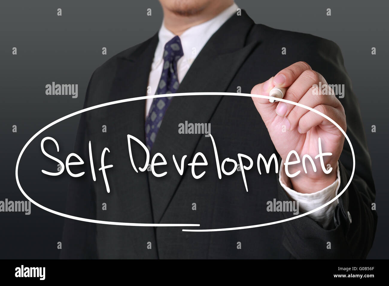 Motivational business concept, image of a businessman holding marker and write Self Development words Stock Photo