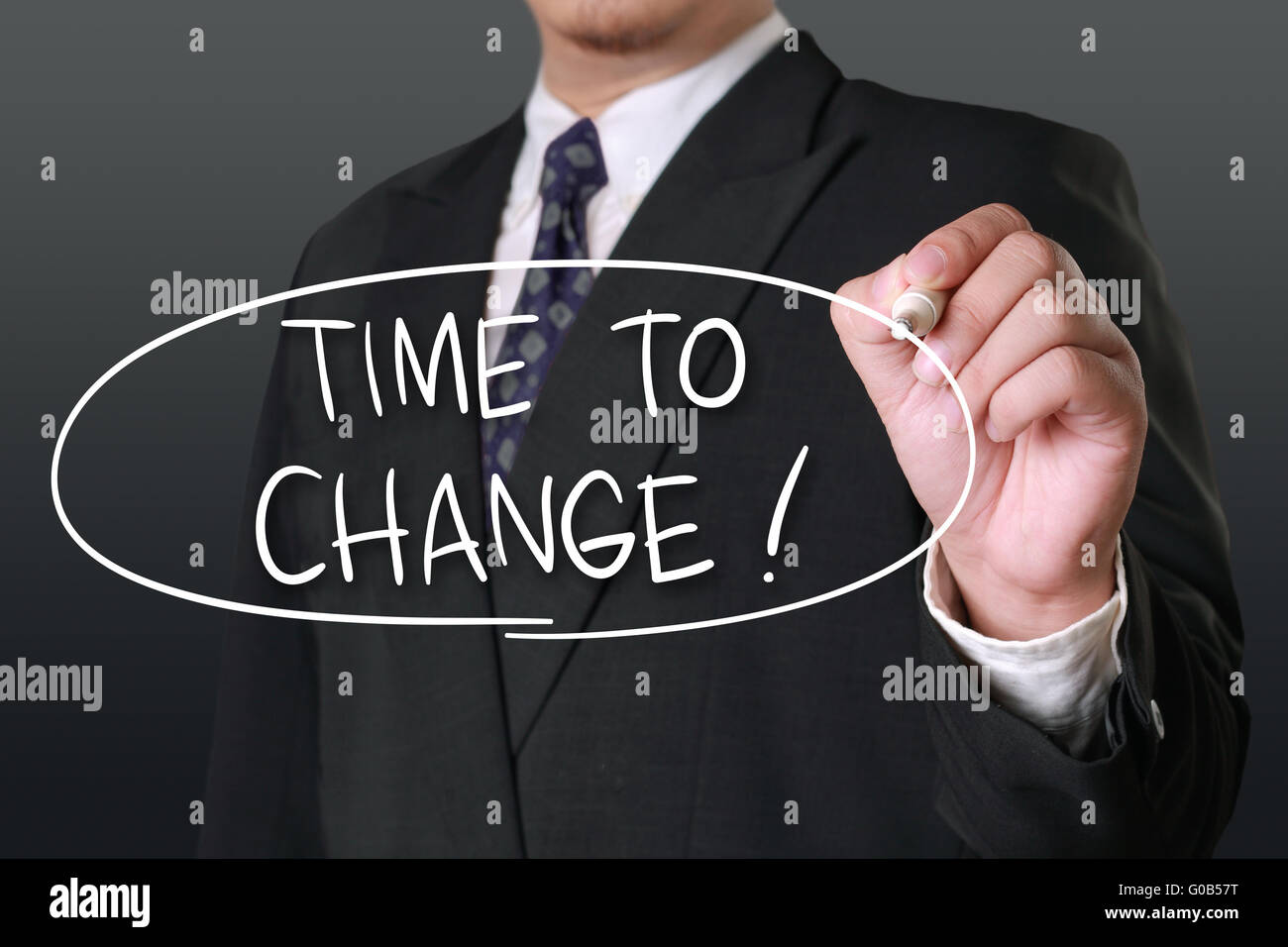 Business concept, image of a businessman holding marker and write Time To Change words Stock Photo