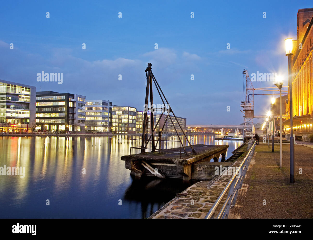 Duisburg Inner Harbour in the twilight, Germany Stock Photo