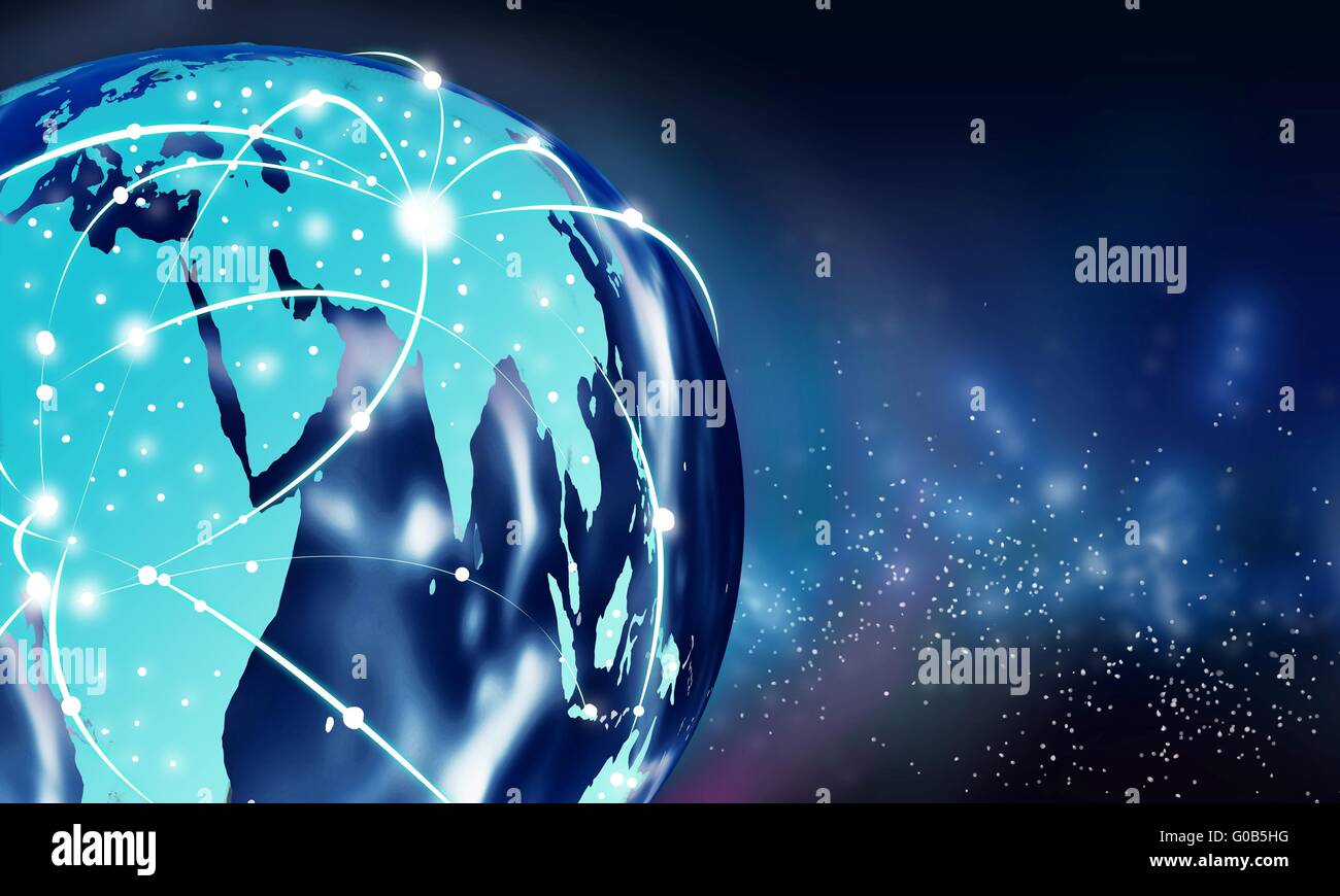 Internet global connection concept, image of earth with white lines of signal connecting continents over space background Stock Photo
