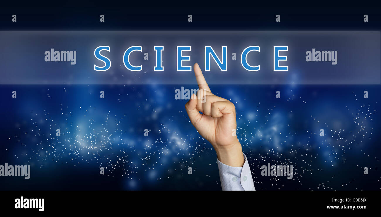 Education concept image of a businessman hand clicking Science button on virtual screen over space background Stock Photo